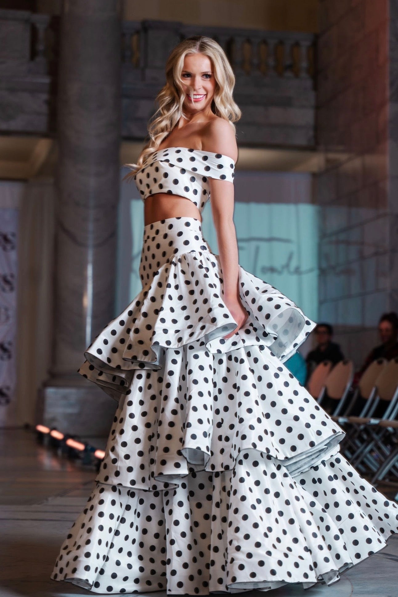 Jaya Silk Black And White Polka Dot Two Piece Gown with Layered Skirt