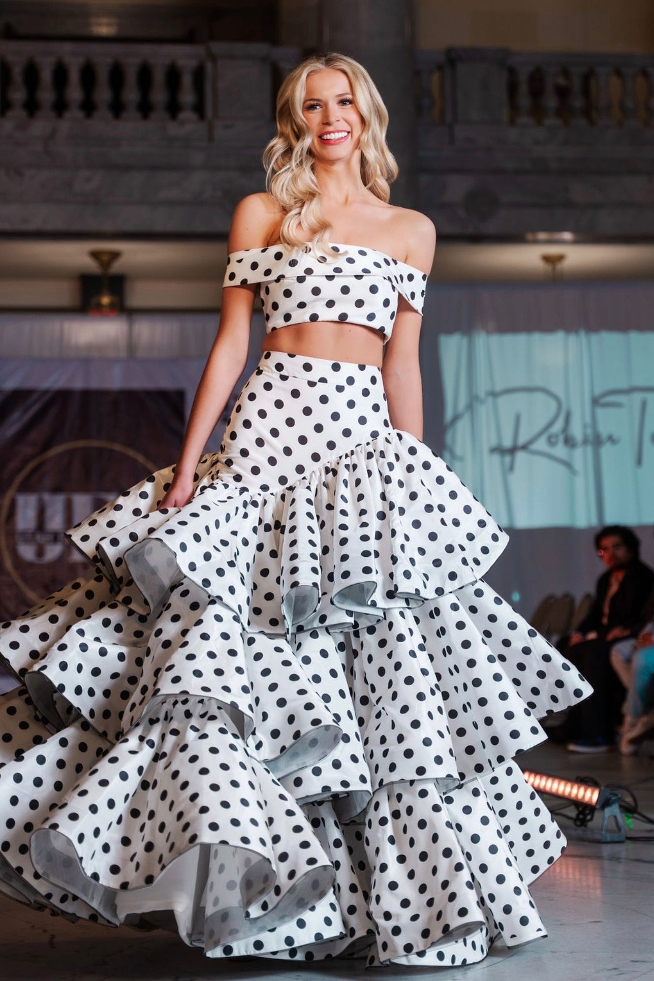 Jaya Silk Black And White Polka Dot Two Piece Gown with Layered Skirt