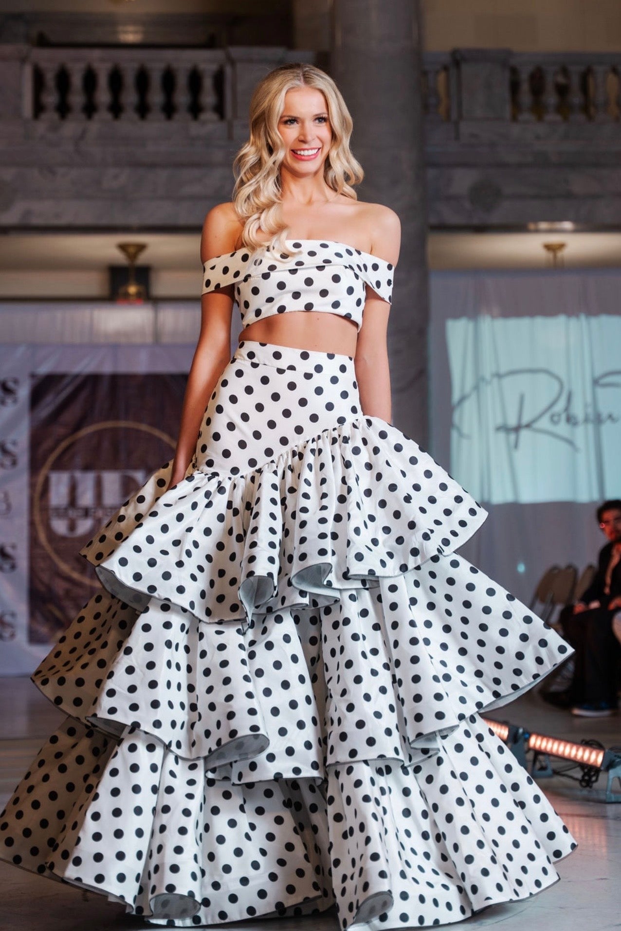 Jaya Silk Black And White Polka Dot Two Piece Gown with Layered Skirt