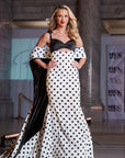 Kianda Silk Black and White Polka Dot Mermaid gown with Cape Train