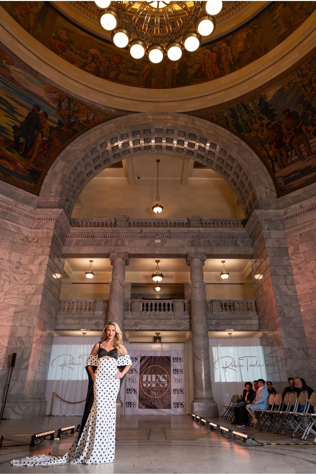 Kianda Silk Black and White Polka Dot Mermaid gown with Cape Train