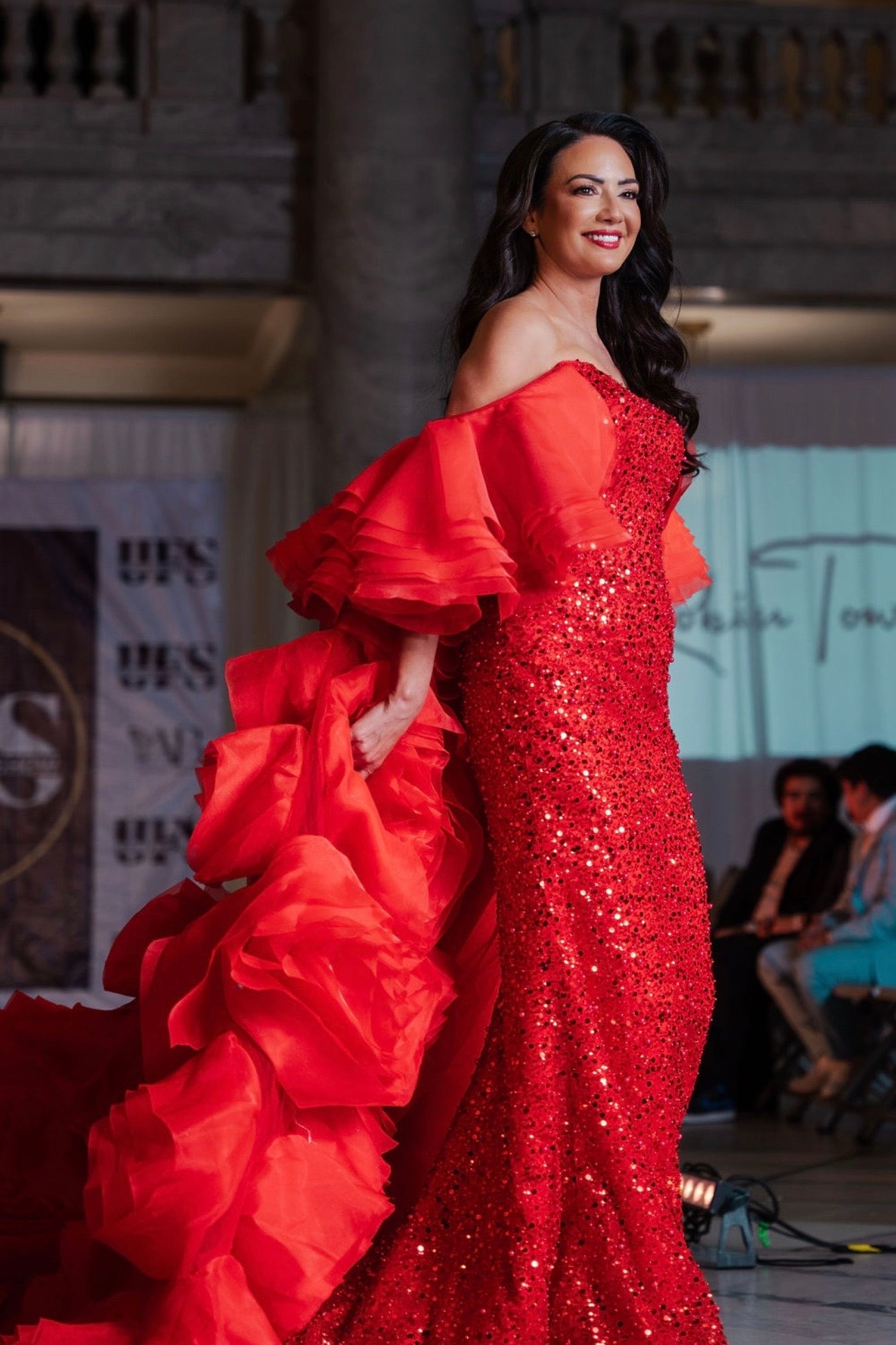 Lissa Red Sequined Strapless Gown with Oversized Rosette Cape Train