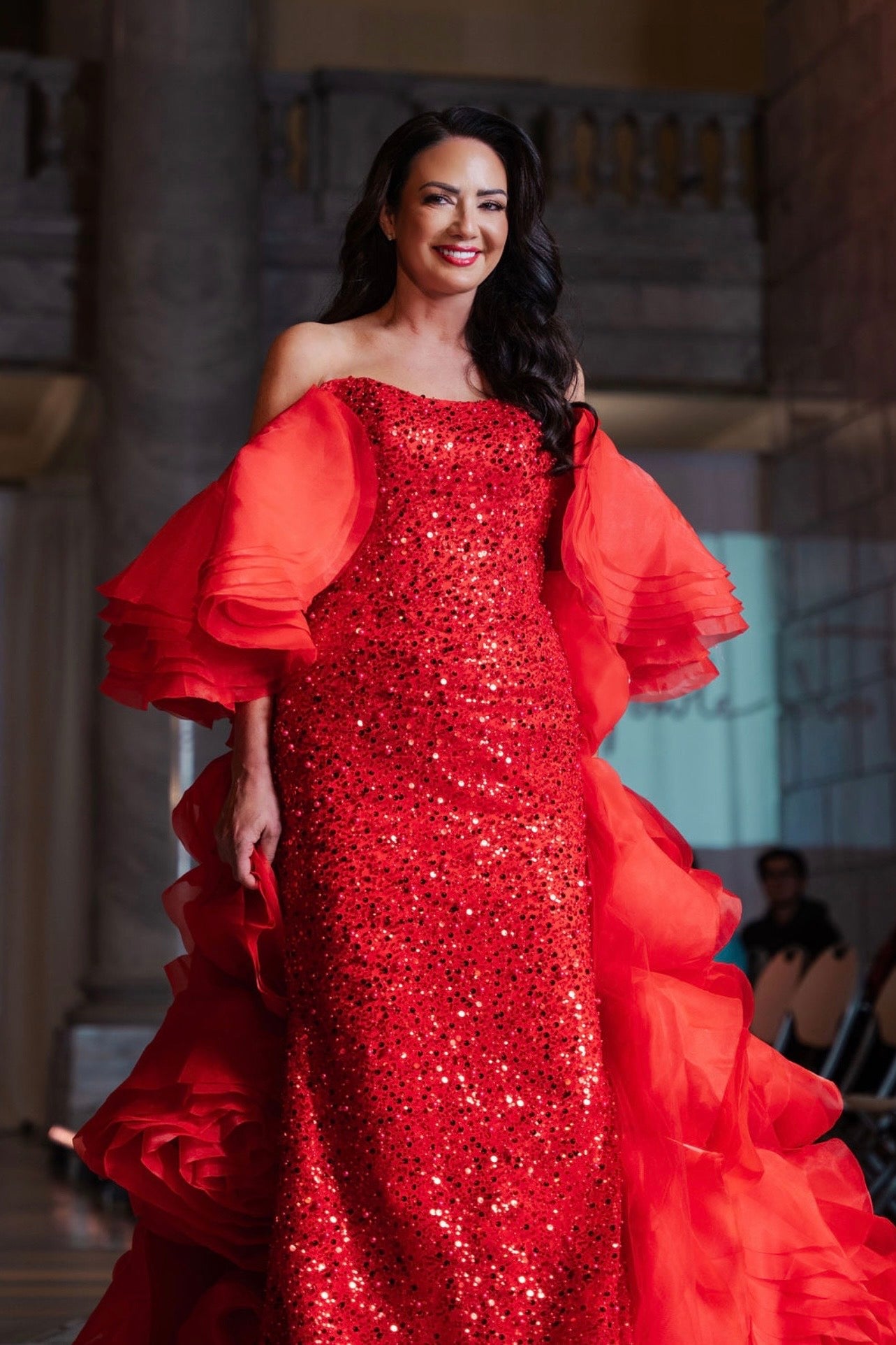 Lissa Red Sequined Strapless Gown with Oversized Rosette Cape Train