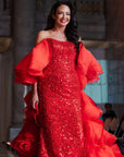 Lissa Red Sequined Strapless Gown with Oversized Rosette Cape Train