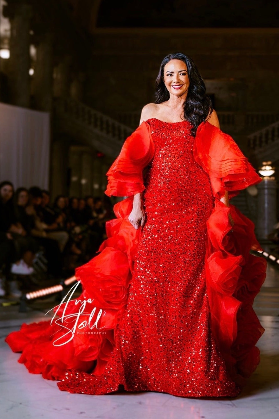 Lissa Red Sequined Strapless Gown with Oversized Rosette Cape Train