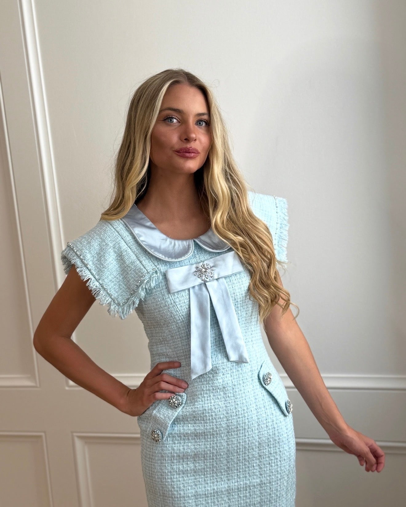 Dorrit Powder Blue Tweed Midi Dress