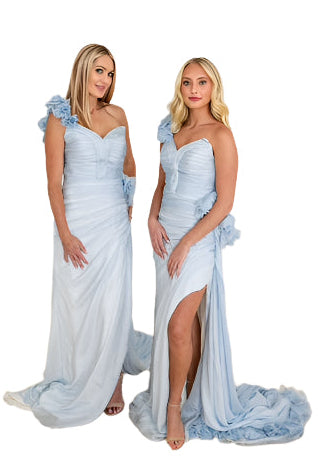 Esme Light Blue Silk Chiffon One Shoulder Gown