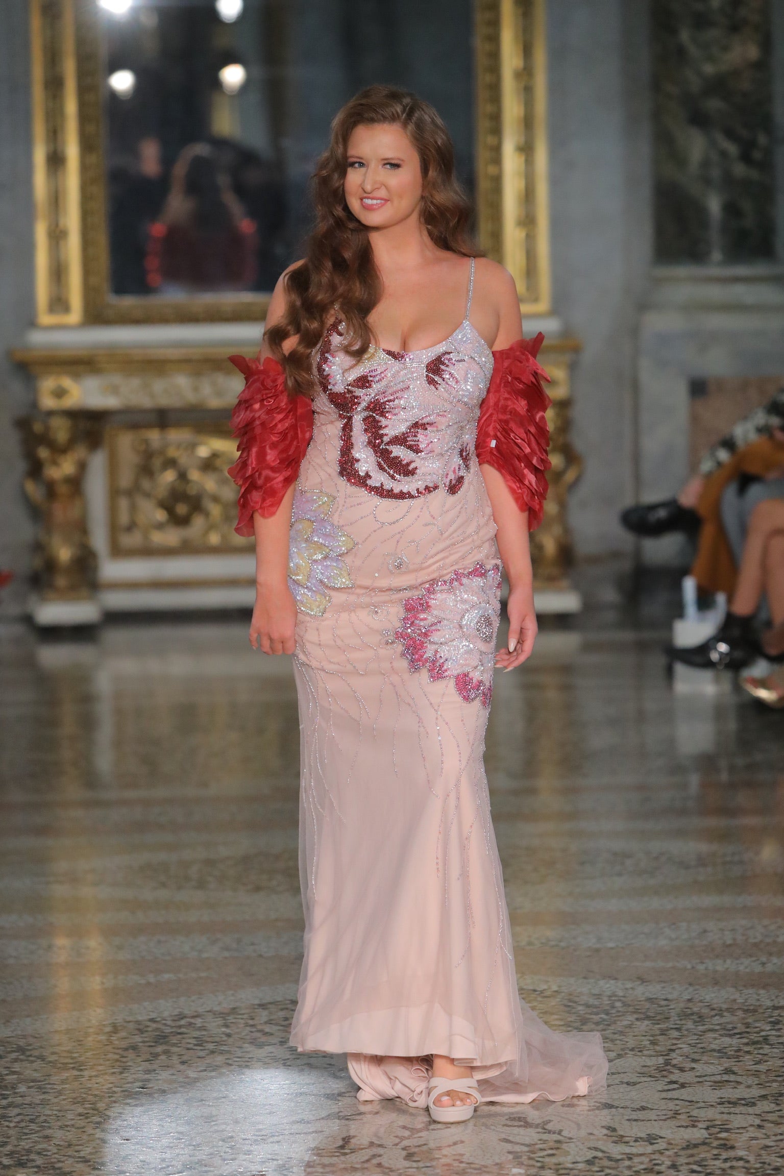 Aura Beaded and Sequined Gown with Red Layered Tulle Shrug