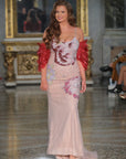 Aura Beaded and Sequined Gown with Red Layered Tulle Shrug