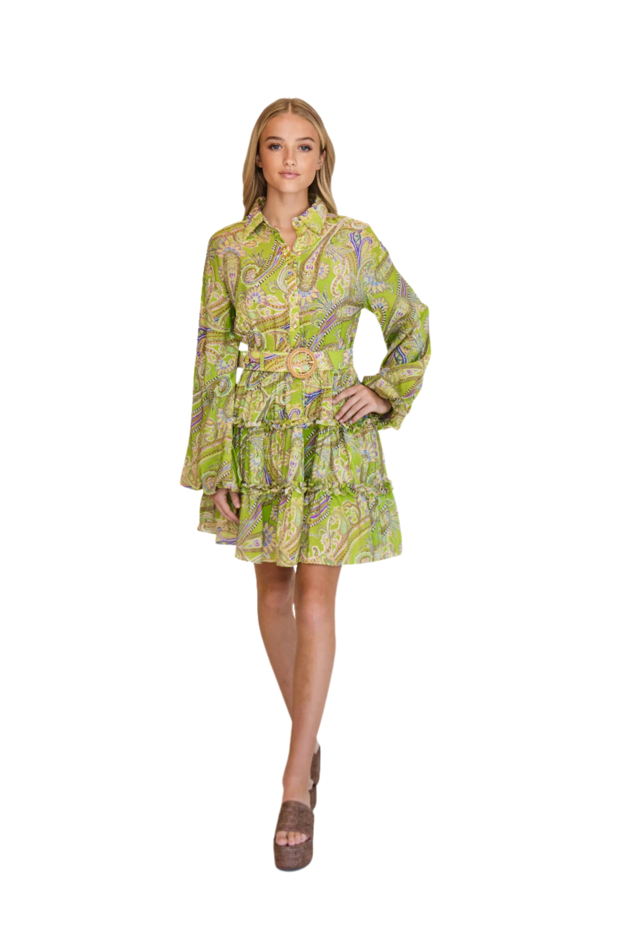 Willow Green Paisley Long Sleeve Mini Tiered Dress Robin Towle Willow Green Paisley Long Sleeve Mini Tiered Dress Robin Towle