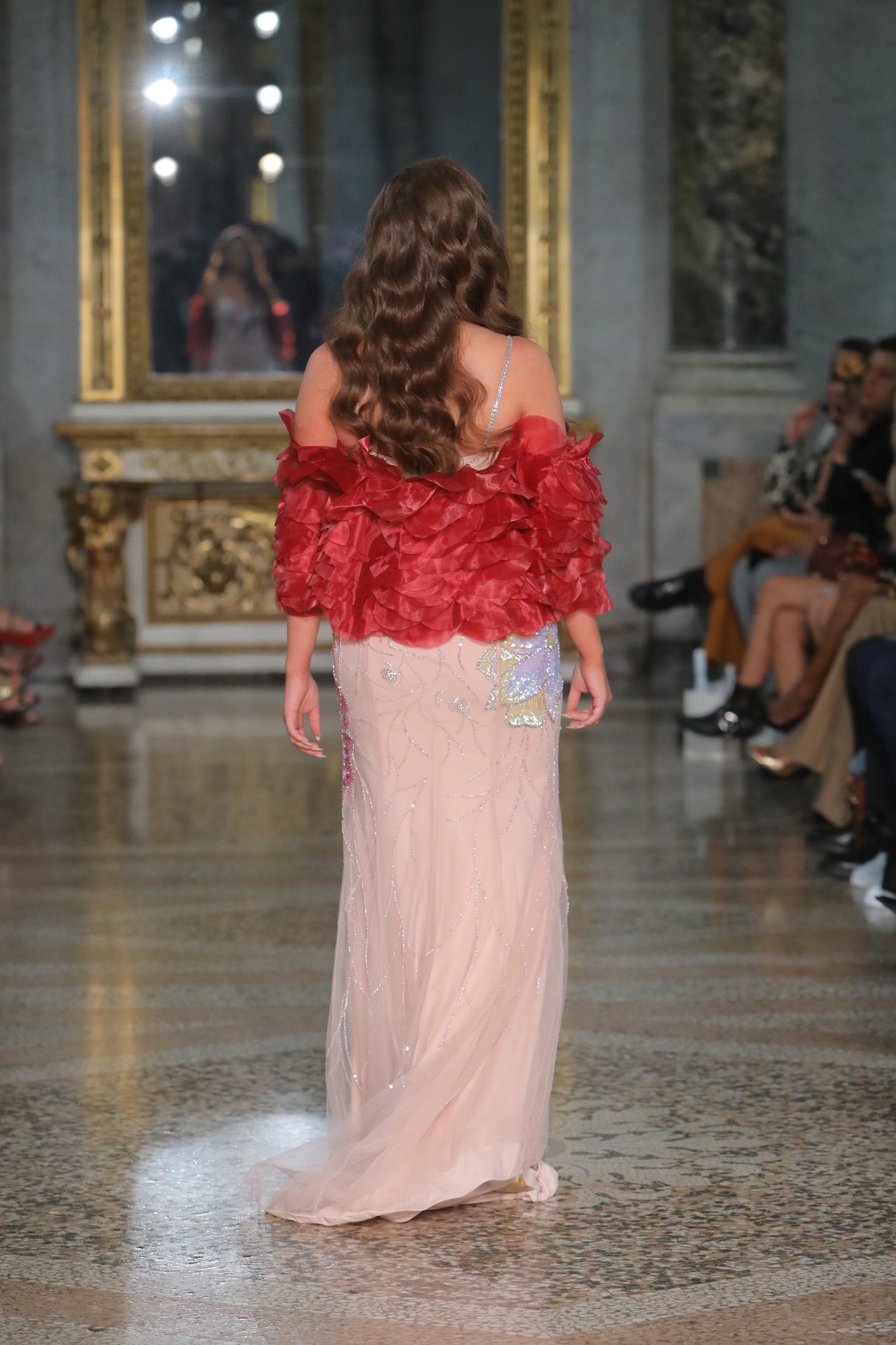 Aura Beaded and Sequined Gown with Red Layered Tulle Shrug