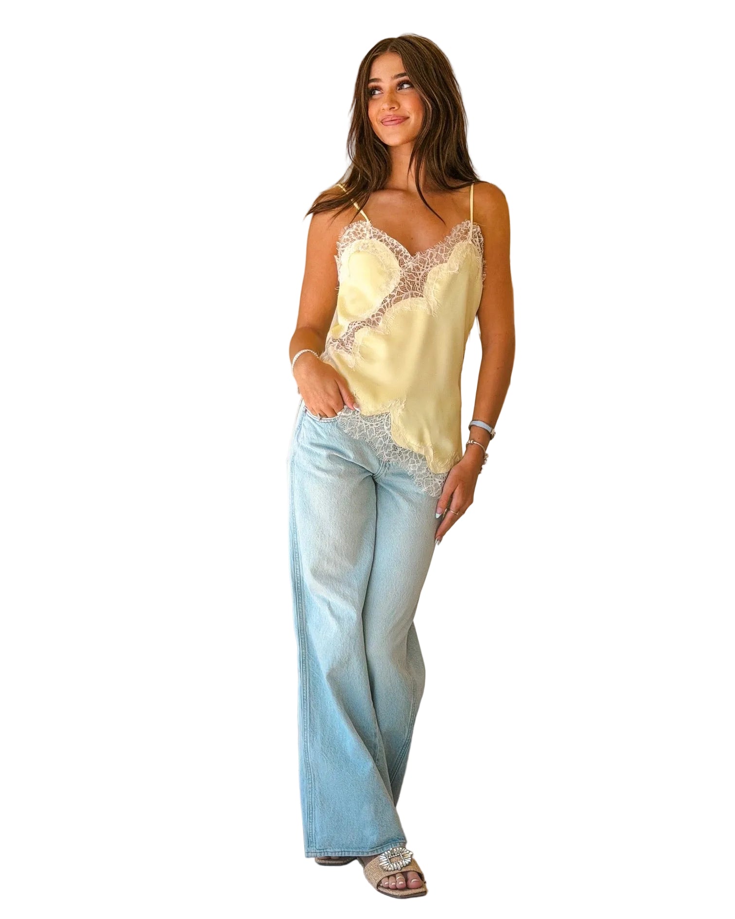 Elodie Light Yellow Satin with White Lace Trim Asymmetrical Tank