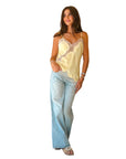 Elodie Light Yellow Satin with White Lace Trim Asymmetrical Tank
