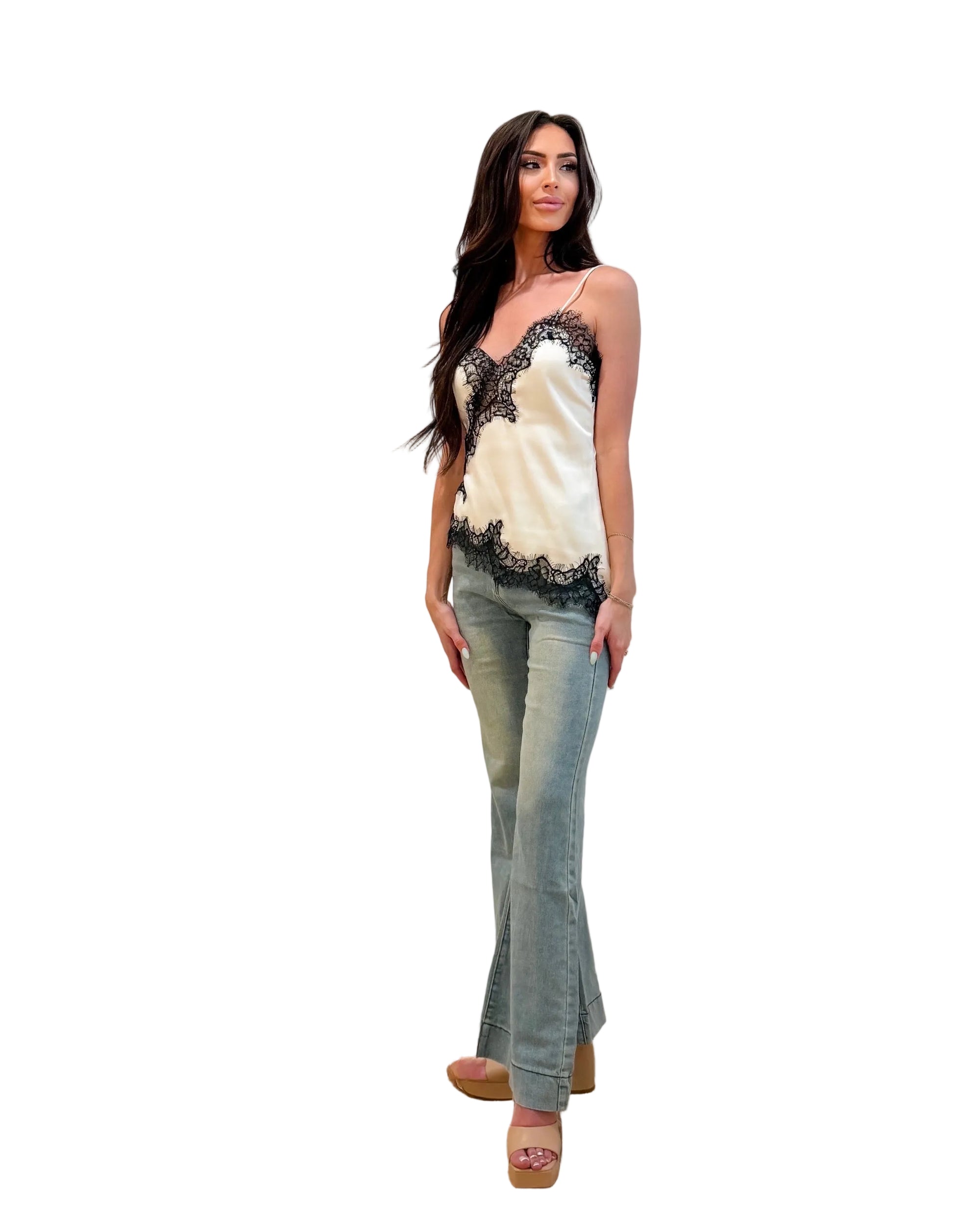 Elodie Ivory Satin with Black Lace Trim Asymmetrical Tank