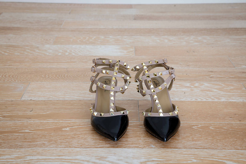 Elsa Strappy Studded Black and Taupe patent heel