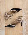 Elsa Strappy Studded Black and Taupe patent heel