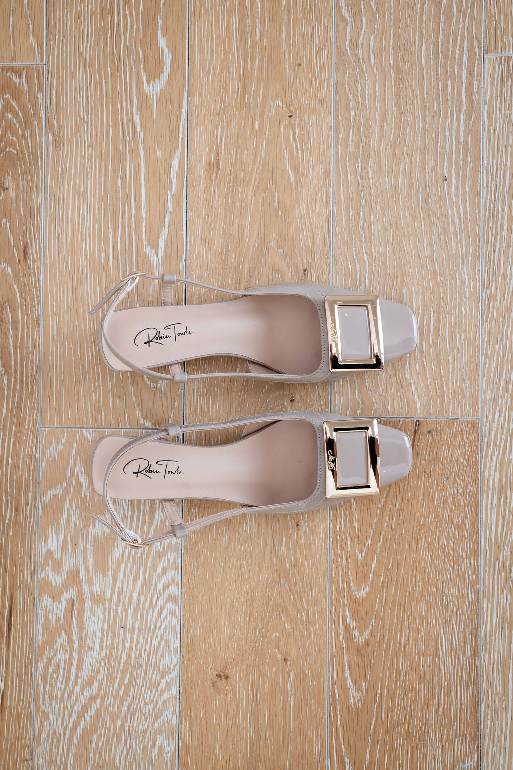 Ellie Taupe Patent Ankle strap low heel