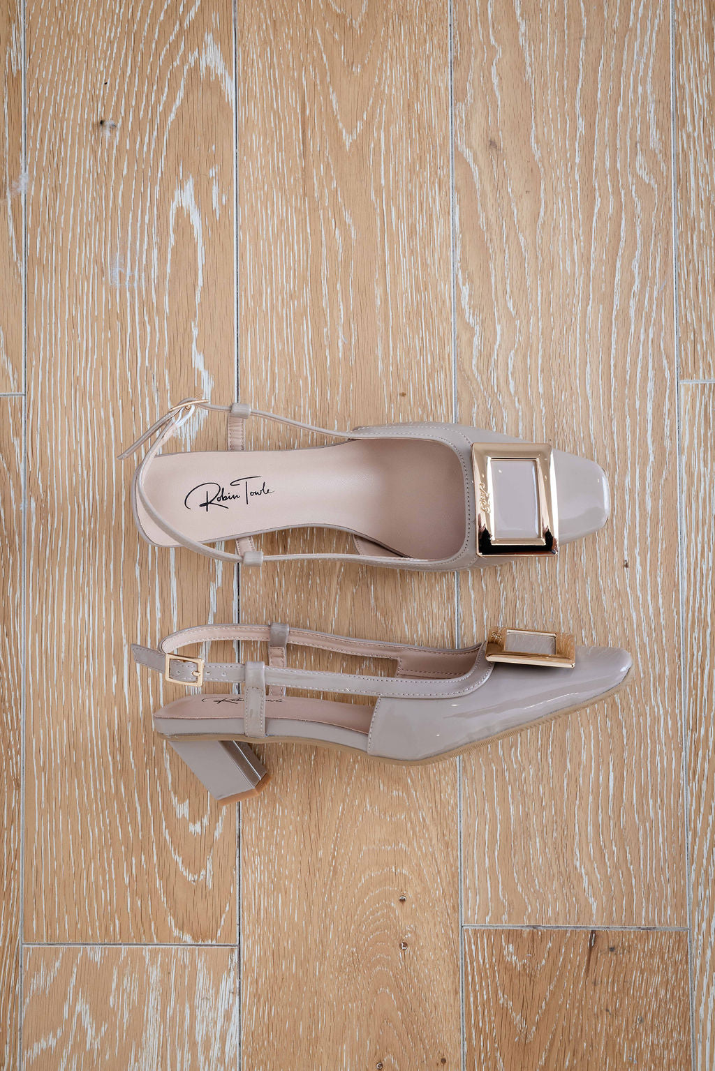 Ellie Taupe Patent Ankle strap low heel