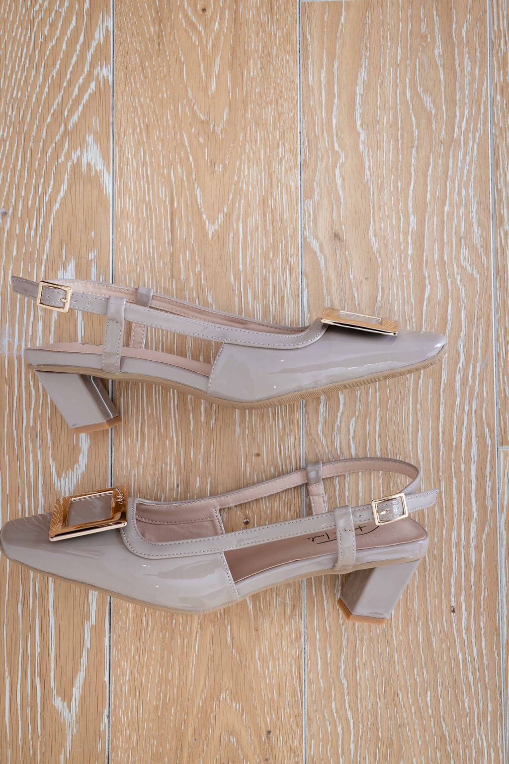 Ellie Taupe Patent Ankle strap low heel