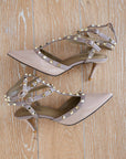 Elsa Strappy Studded Taupe patent heel