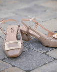 Ellie Taupe Patent Ankle strap low heel