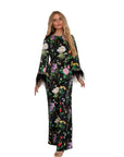 Eliana Black Floral Satin two-piece Pant Suit with Feather and Rhinestone Trim
