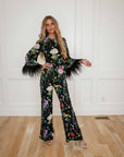 Eliana Black Floral Satin two-piece Pant Suit with Feather and Rhinestone Trim
