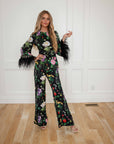 Eliana Black Floral Satin two-piece Pant Suit with Feather and Rhinestone Trim