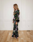 Eliana Black Floral Satin two-piece Pant Suit with Feather and Rhinestone Trim
