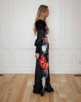 Elise Black Floral Satin Jumpsuit with Lace detail