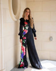 Elise Black Floral Satin Jumpsuit with Lace detail