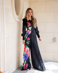 Elise Black Floral Satin Jumpsuit with Lace detail