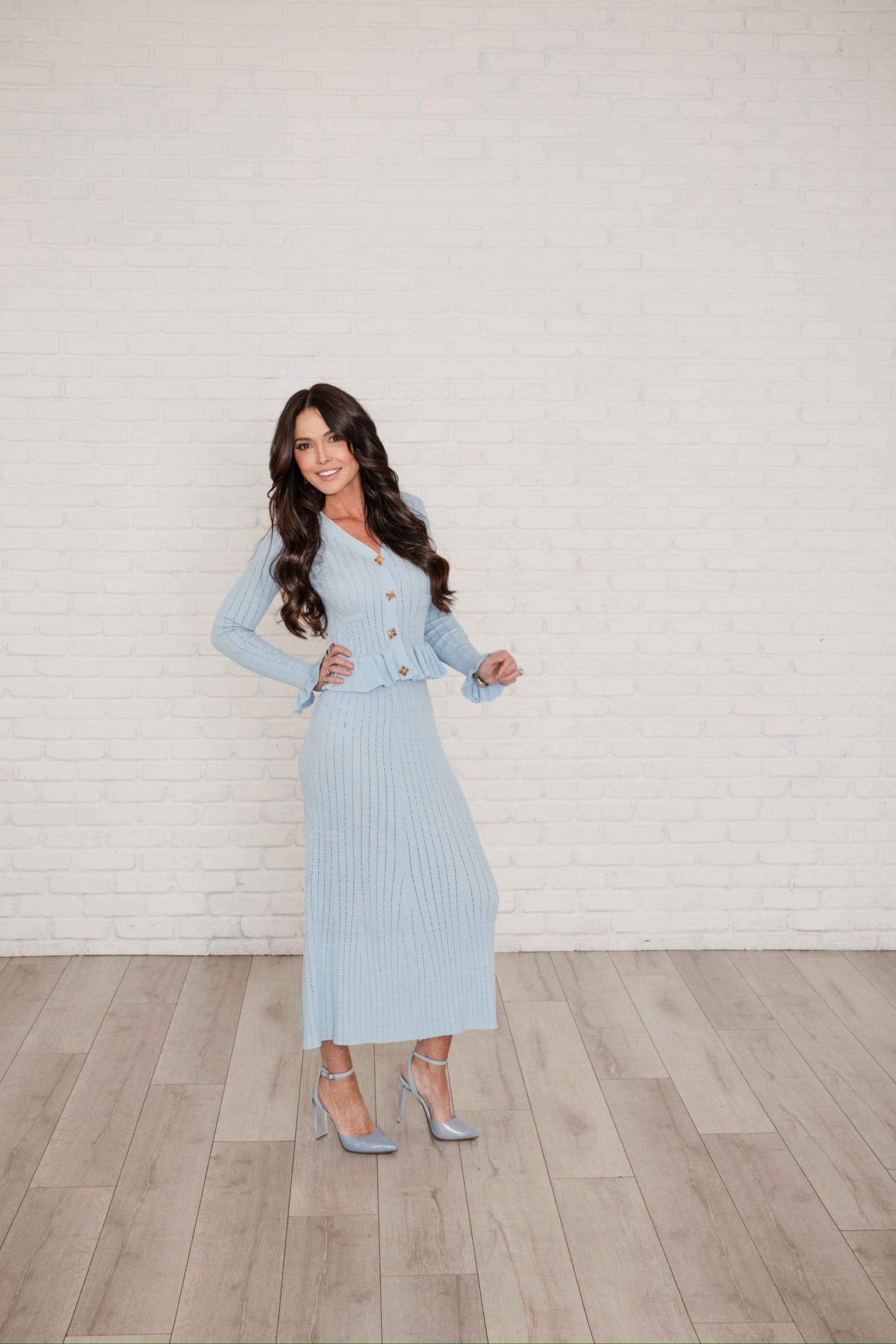 Dakota Long Sleeve Powder Blue Midi Sweater Dress L