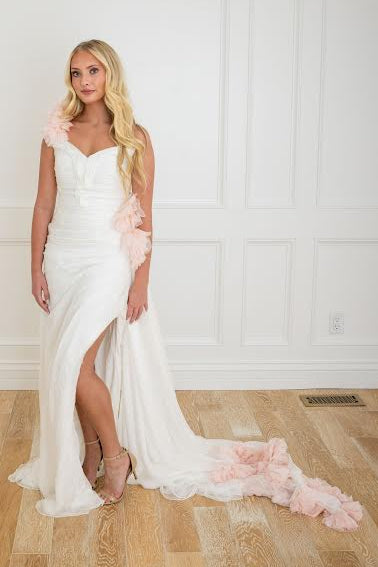 Esme White with Pink Detail Silk Chiffon One Shoulder Gown
