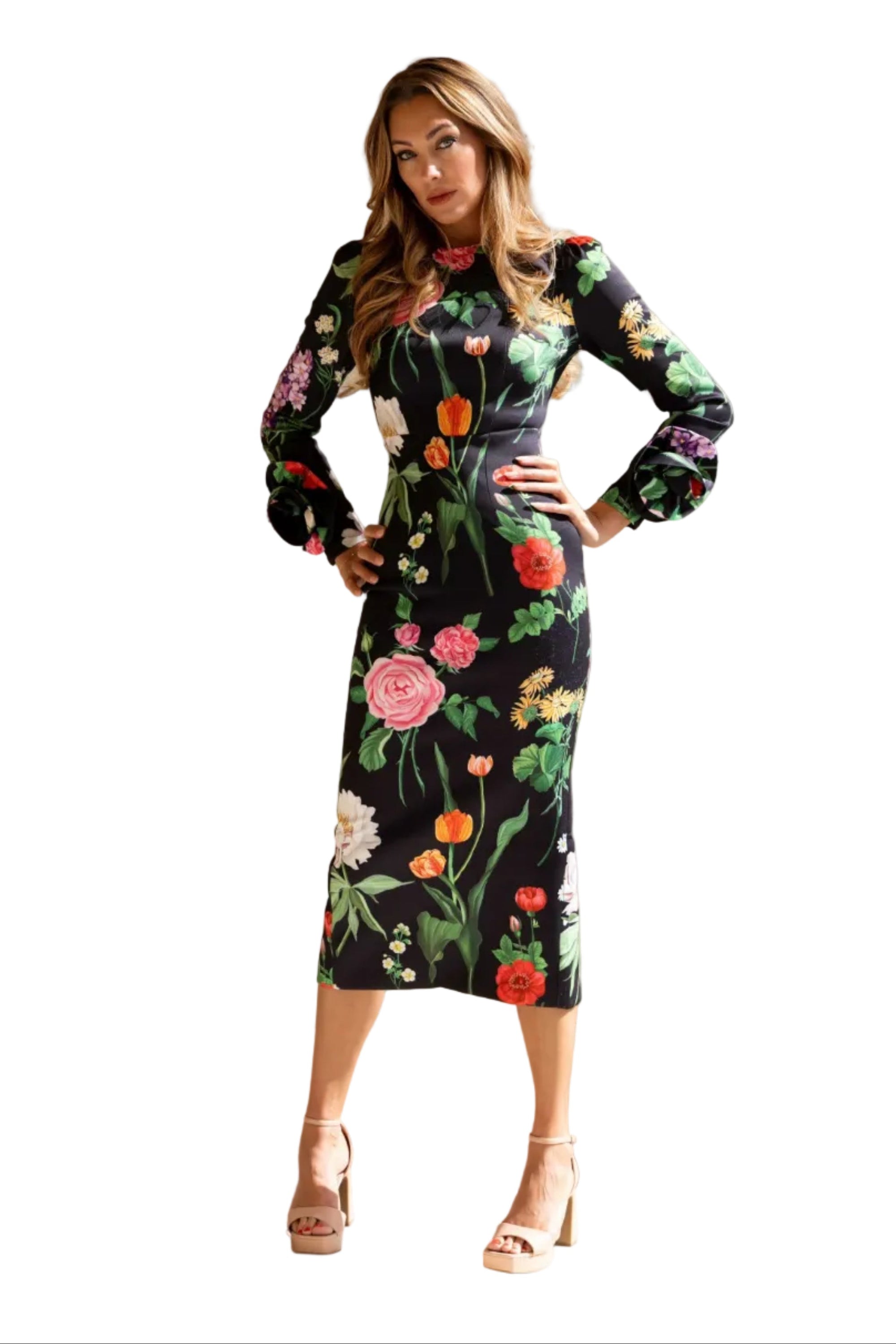 Everly Black Floral Midi Bodycon Dress Robin Towle Everly Black Floral Midi Bodycon Dress Robin Towle